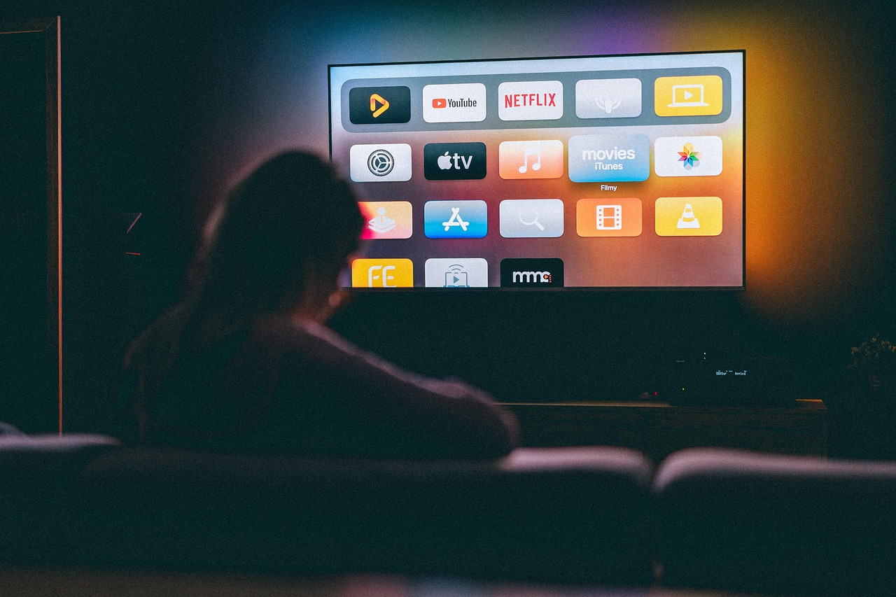 Viewer checking streaming apps on a TV to avoid duplicate streaming subscriptions.
