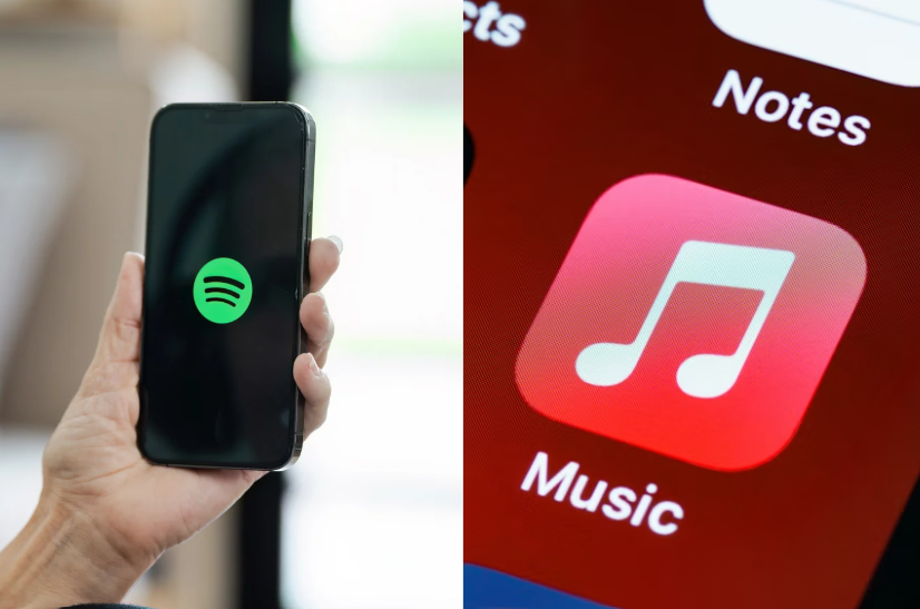 Phone screens comparing Spotify vs Apple Music for music streaming and everyday listening.