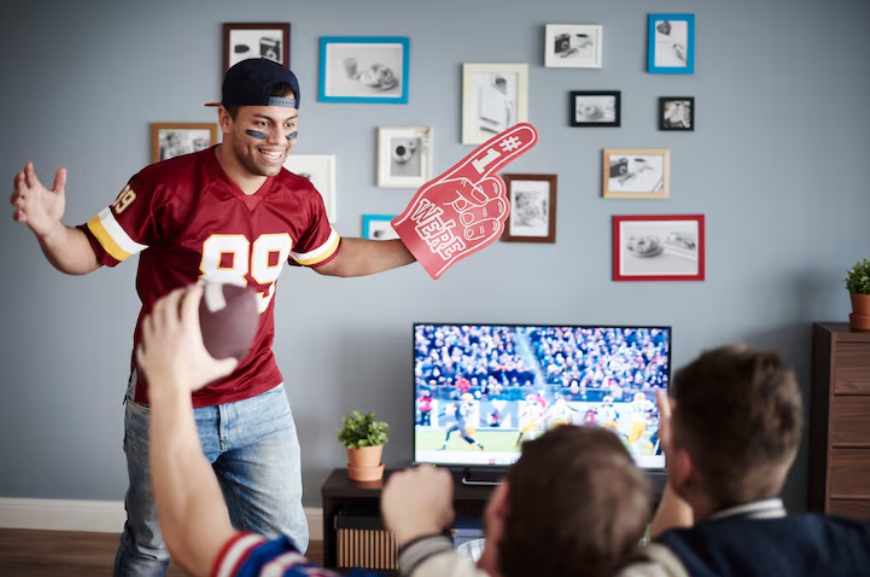 Fans watching live sports on TV while comparing YouTube TV vs Sling TV for streaming.